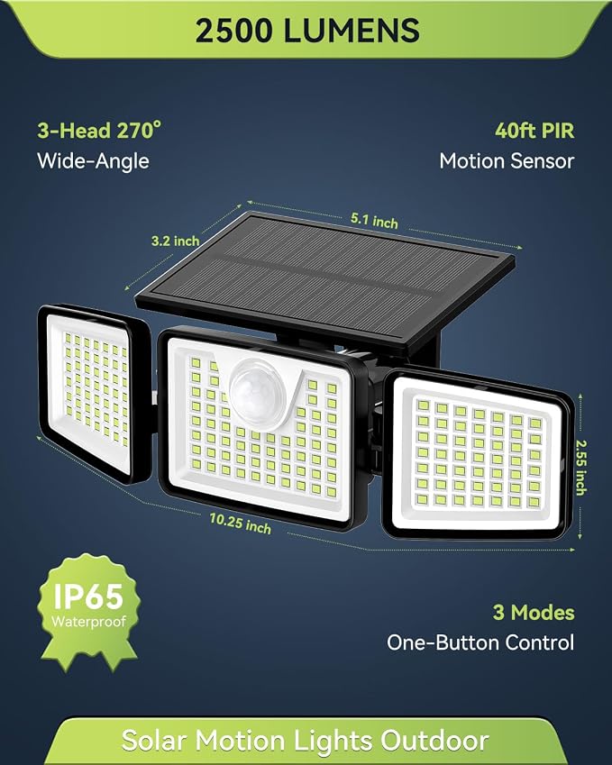 daphino 2500LM Solar Lights, Motion Sensor Outdoor Lights, 3-Head, 2 Pack | 270° Wide-Angle Street & Area Coverage, IP65 Waterproof Security Lighting, 3 Lighting Modes, Non-Remote