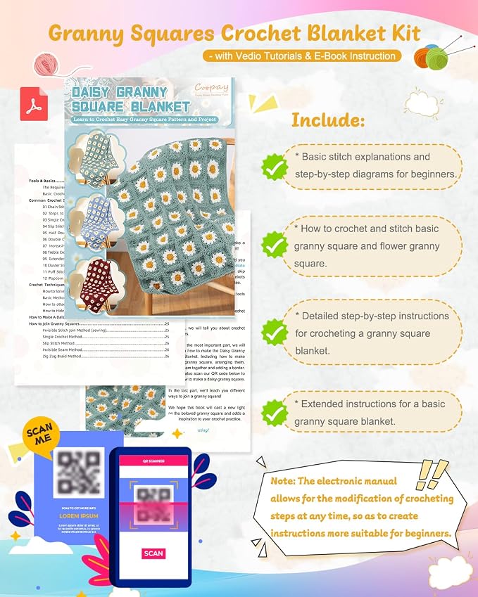 Coopay Crochet Kit for Beginners, Granny Square Blanket Kit, Blue-Purple | Crochet Kit W/Video Tutorial & Digital Instructions, All Accessories Included, Easy Knitting to Create Granny Square Blanket