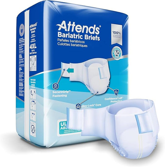 Attends Bariatric Incontinence Disposable Briefs, 4X-Large, Up to 106" Waist with Tab Closures, Ultimate Absorbency, Dry-Lock Containment Core and ConfidenceCuff Leakage Protection, 4XL 8ct Bag