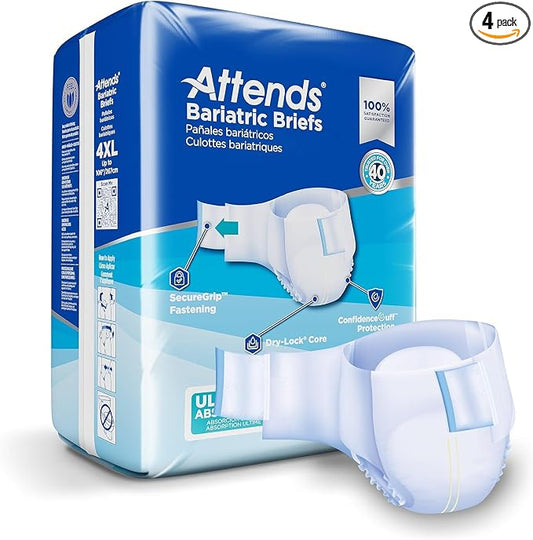 Attends Bariatric Incontinence Disposable Briefs, 4X-Large, Up to 106" Waist with SecureGrip Tab Closure, Ultimate Absorbency, Dry-Lock Containment Core & ConfidenceCuff Leakage Protection, 32ct Case