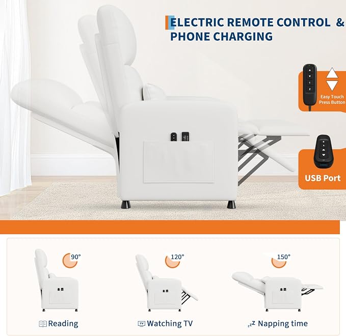GarveeHome Power Recliner Chair with Massage and Heat, Adjustable Electric Recliner Ergonomic Overstuffed PU Leather Single Sofa, 2 Side Pockets and USB Port, Home Theater Seating for Living Room
