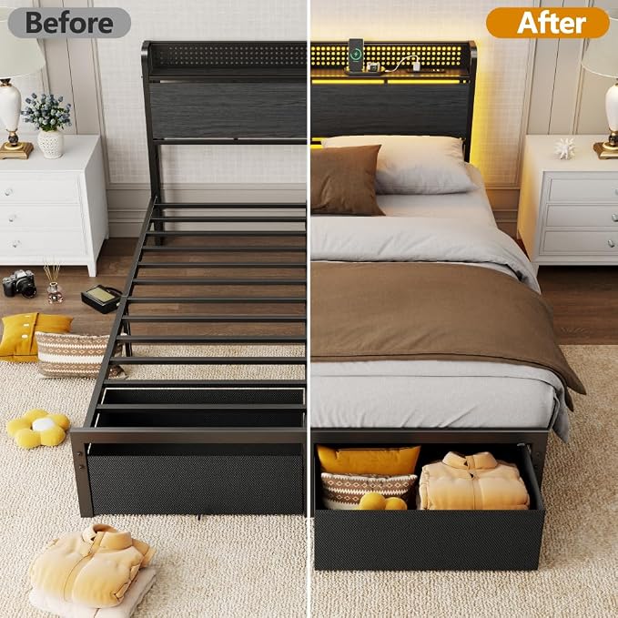 Full Size Bed Frame with Headboard, Charging Station, 2 Drawers | 2-Tier Wood Shelves,LED Lights,1200 Lbs Capacity,USB & Type-C Ports,No Box Spring Needed,Noise Free,Easy Assembly,Rustic Grey