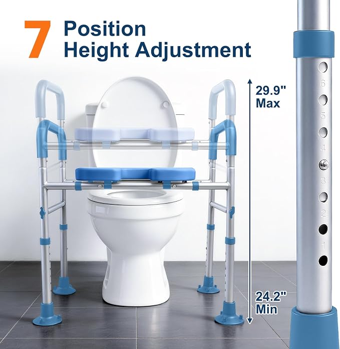 Adjustable Raised Toilet Seat with Handles for Seniors, Blue | 400lbs Capacity Elongated Toilet Seat Riser, Elevated Toilet Seat with Soft Cushion & Removable Armrests