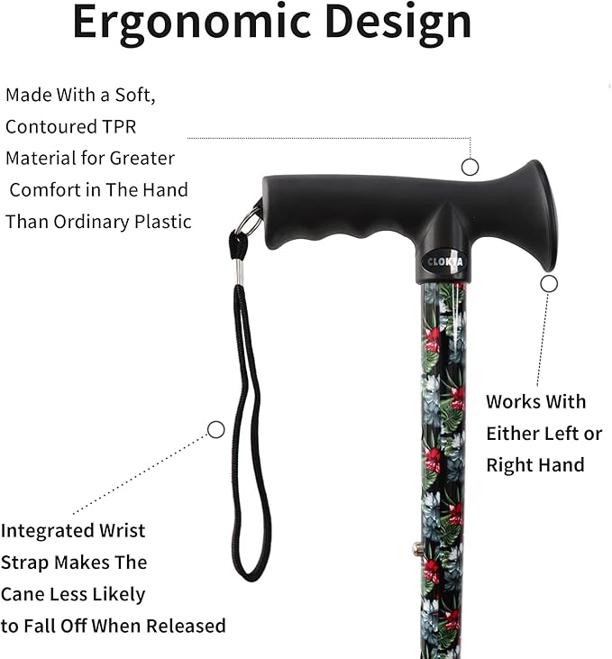 Walking Cane for Men and Women, Foldable Floral Lightweight Adjustable Portable for Folding Canes, Comfortable T-Handle for Seniors Adults