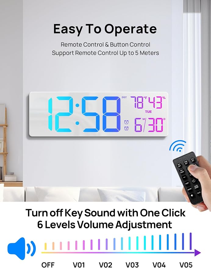 18.5" Large Digital Wall Clock with Remote Control, Big LED Display Digital Clocks with Night Light, Alarm, DST, Temp, Date for Living Room, Bedroom, Office, Classroom, Gifts for Seniors(White)