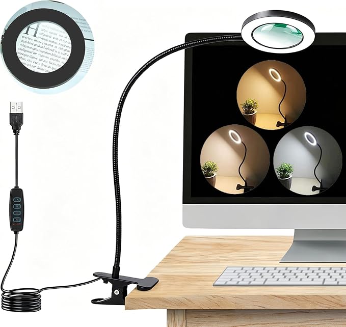 Magnifying Glasses with Light, 10x Clip on Desk Lamp with Magnifier | 3 Color Modes with 10 Brightness Levels, Flexible Gooseneck LED Eye-Caring Craft Light for Home Office Reading Study