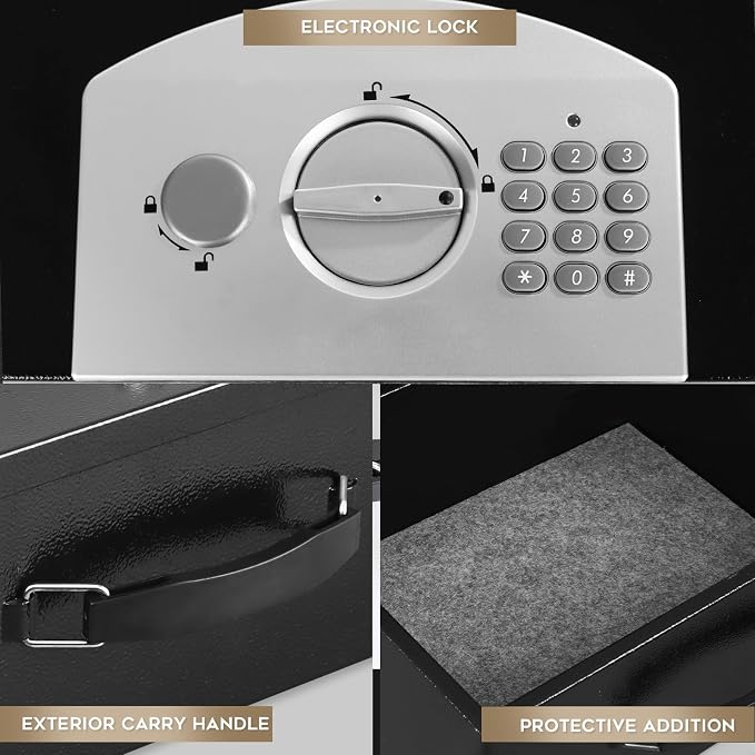 Dalmbox Portable Metal Safe Box with Digital Code Lock,Fire Resistant Storage for Documents, Fireproof Safe Box, Car, Home, Office and Outside, Black Box， Medium