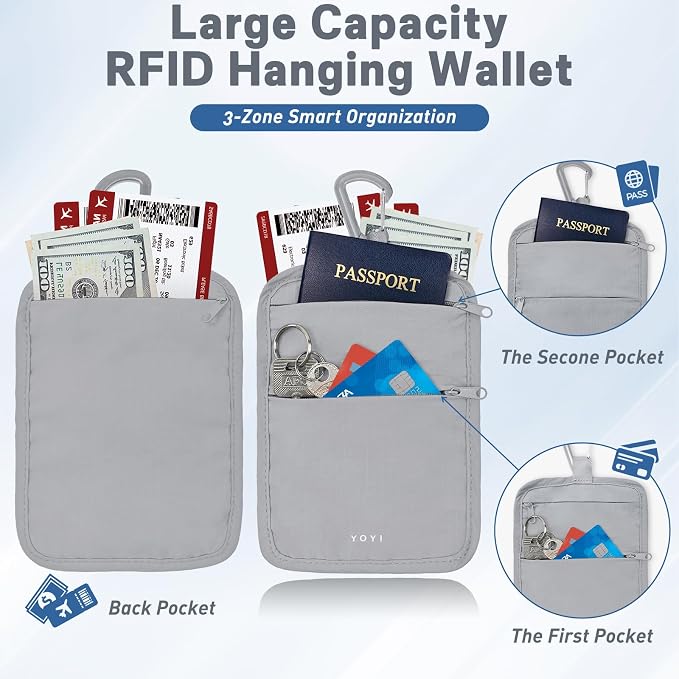 Anti-Theft Belt Waist Travel Wallet Hidden Passport 3-Zone Clip Carabiner | Water-resistant fabric with RFID blocking liner, fits passport, tickets, cards, and cash in 3 zones