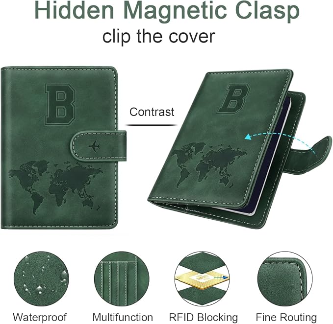 Passport Holder Wallet Cover Personalized Initial Travel Essentials | Embossed Letter A-Z Design, Travel Wallets, RFID Blocking, Passport Book Holders, Women and Men, Personalized Gifts, Green-B