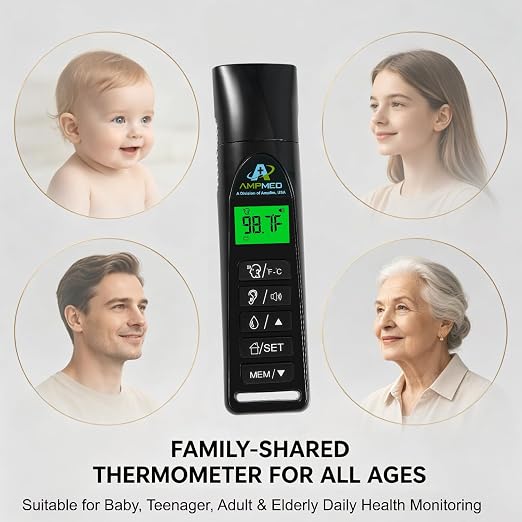 Baby Forehead & Ear Thermometer, 3-in-1 Infrared, Stand, Black | Touchless, For Baby, Infants, Toddlers, Kids & Adults, Base Stand & Clock