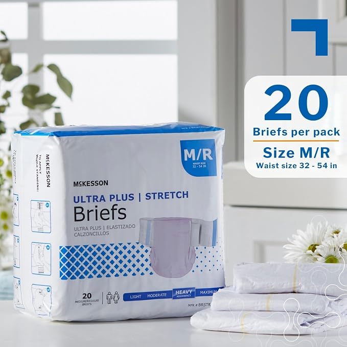 McKesson Ultra Plus Stretch Briefs, [20 Count], M/R, 32-54 in. Incontinence Adult Diapers, Heavy Absorbency, Unisex, Disposable, Elastic Leg Gathers and Contoured Fit for Men and Women