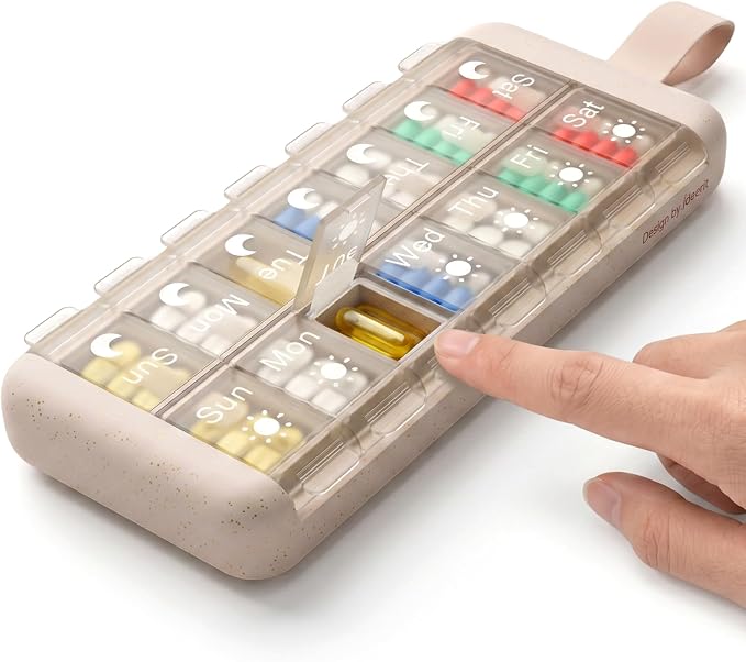 Pill Organizer, 2 Times a Day Pill Case, 7 Day Medicine Box, Weekly Medication Container, AM PM Dosey for Vitamin Meds Supplement Dispenser Storage Holder Arthritis Friendly Home Easy Use