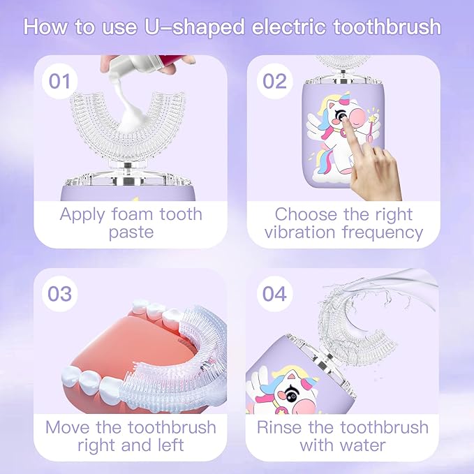 Kids Electric U Shaped Toothbrush, Kids Unicorn Sonic Automatic Toothbrush with 4 Soft Brush Heads with Toothpaste- (Age 8-15, Purple)