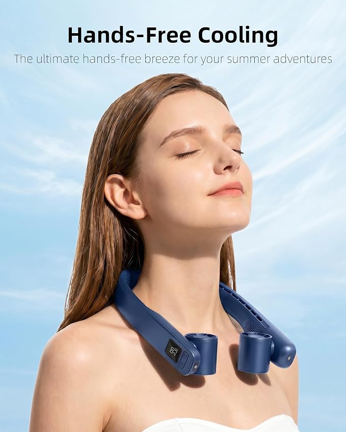 FrSara Portable Neck Fan that Blows Cold Air Rechargeable, Personal Battery Powered Cooling Device with USB TYPE-C, LED Display, Light, 3-Speed, 3000mAh, Ideal Present for Women, Men, Travel, Blue