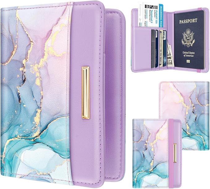 Coco Rossi Passport Holder Cover, RFID Travel Wallet Women Card Holder | Travel Essentials, Passport Book Holders, Passport Cover Case, PU Leather, Cute, Thin, Spliced Design, Gradient Marble