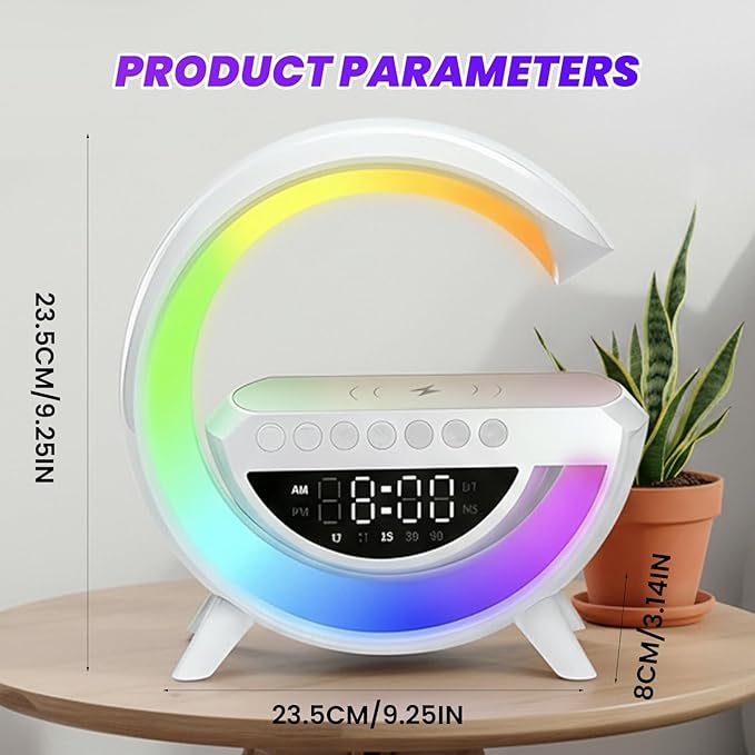 Saker G-Shaped LED Wireless Charging Bluetooth Speaker, 3-in-1 LED Digital Alarm Clock Radio with 13 RGB Lights & Noise, 360° Surround Sound Nightstand Clock with FM Radio for Bedroom Office (Black)