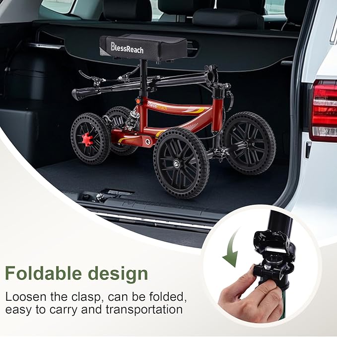Knee Scooter, 300lbs Capacity, 13" Big PU Seat, Disc Brake Knee Walker, All Terrain Foldable Knee Scooter Walker with Bag for Foot Injuries Compact Crutches Alternative (Burgundy)