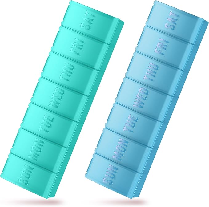 Large Pill Organizer 2 Pack, Easy-Open Weekly Pill Organizer, XL Daily Pill Organizers, 7 Day Medicine Pill Organziers, Medicine Box 7 Day for Large Vitamin Supplements (Blue + Cyan)
