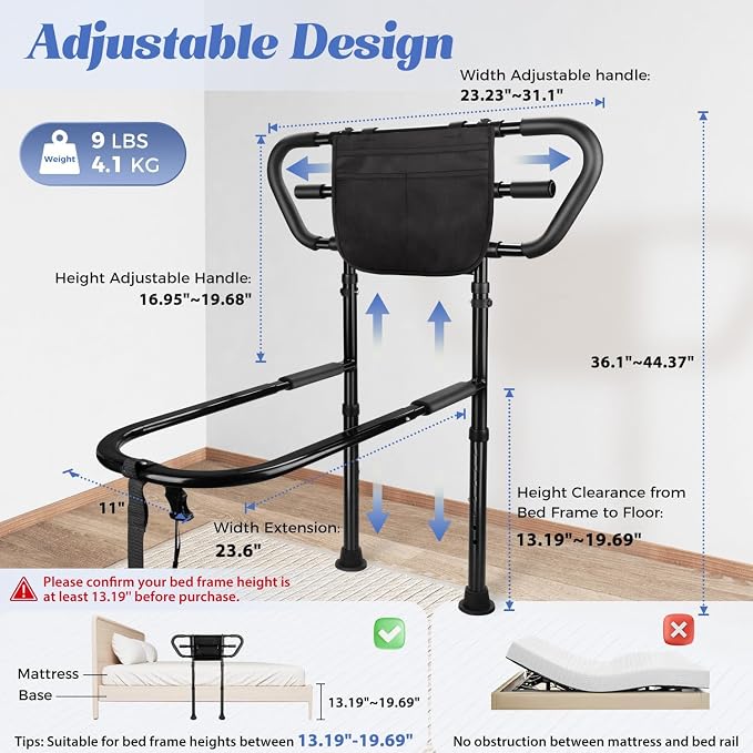 Bed Rails for Elderly Safety 400lbs, Adjustable Bed Assist Handle with Pocket