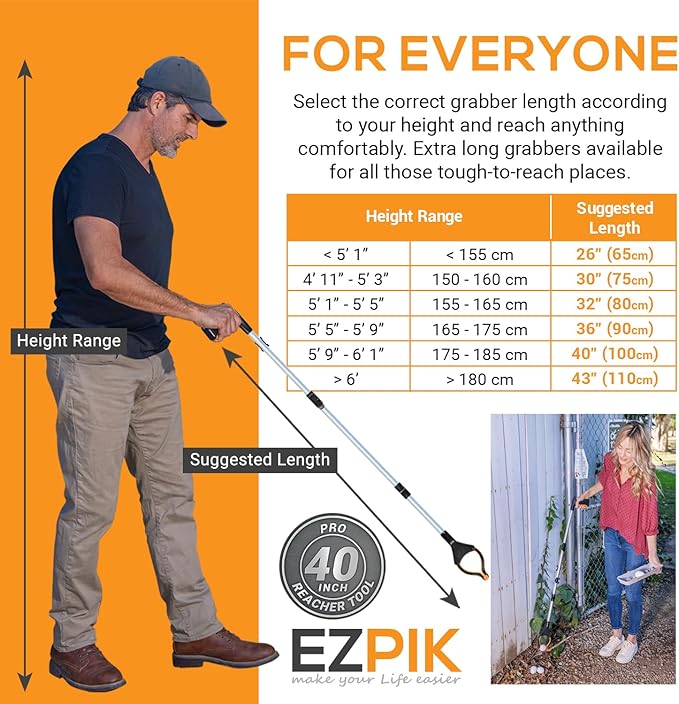 EZPIK Pro 40" Extended Grabber Reacher Tool for Elderly, Trash Hand Grabber Pickup Sticks for Seniors, Telescoping Extension Gripper Claw Pickup Tool, Hand Extension Magnetic Folding Tongs