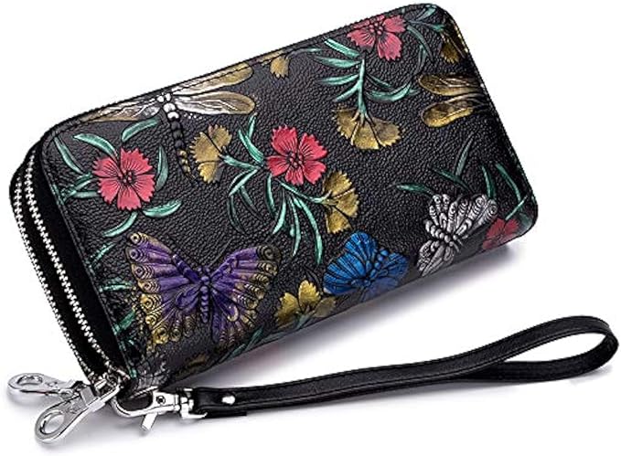 GOIACII Women's Wallet Large Capacity Double Zip Ladies Card Phone Holder RFID Blocking Wristlet Leather