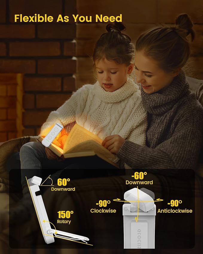 Glocusent USB Rechargeable Book Light for Reading in Bed, Portable Clip-on LED Reading Light, 3 Amber Colors & 5 Brightness Dimmable, Compact & Long Lasting, Perfect for Book Lovers (White-Pro Max)