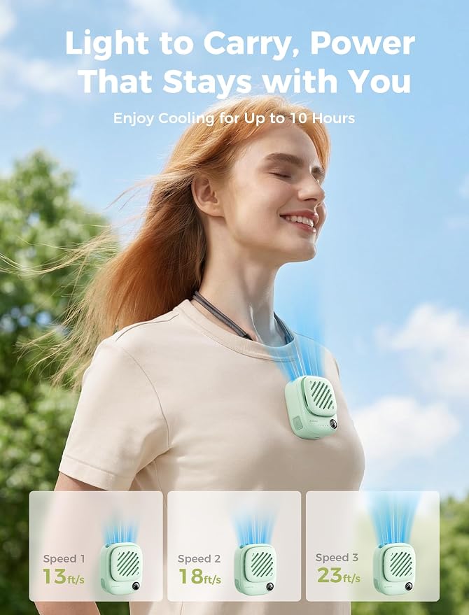 Aecooly Mini Portable Neck Fan, Mighty Hands Free Fan, Magnetic Fit | USB Rechargeable [10H Max Cooling Time], Personal Battery Powered, Pocket for Travel, Summer, Gifts for Women -Green
