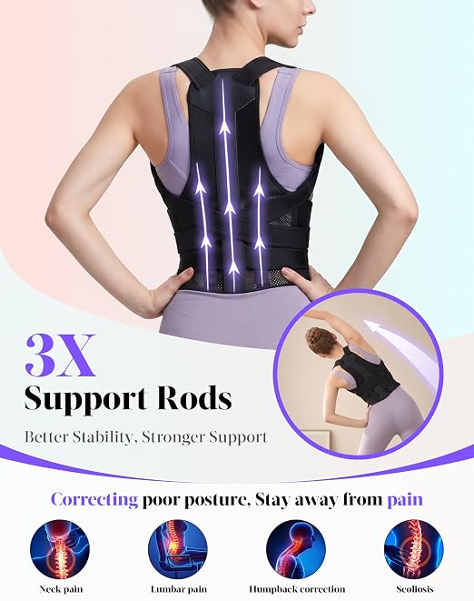 Posture Corrector for Women and Men, Full Back Support Brace, Adjustable Shoulder Straightener, Improving Posture, Relief Upper and Lower Back, Neck Pain, Full Black, Large