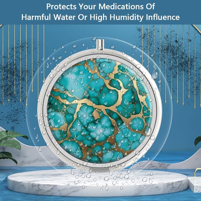 Pill Box 3 Compartment Medicine Pill Case,Portable for Pocket or Purse Pill Box Decorative Metal Medicine Vitamin Organizer Unique Gift(Emerald Green Marble)