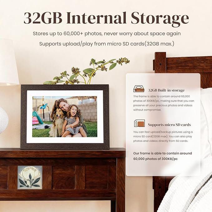BIHIWOIA 10.1'' Frameo Digital Picture Frame, 32GB WiFi Digital Photo Frame, 1280x800 IPS Touch Screen, Auto-Rotate, Slideshow, Send Photos/Videos via Free App(Black Wood Frame)