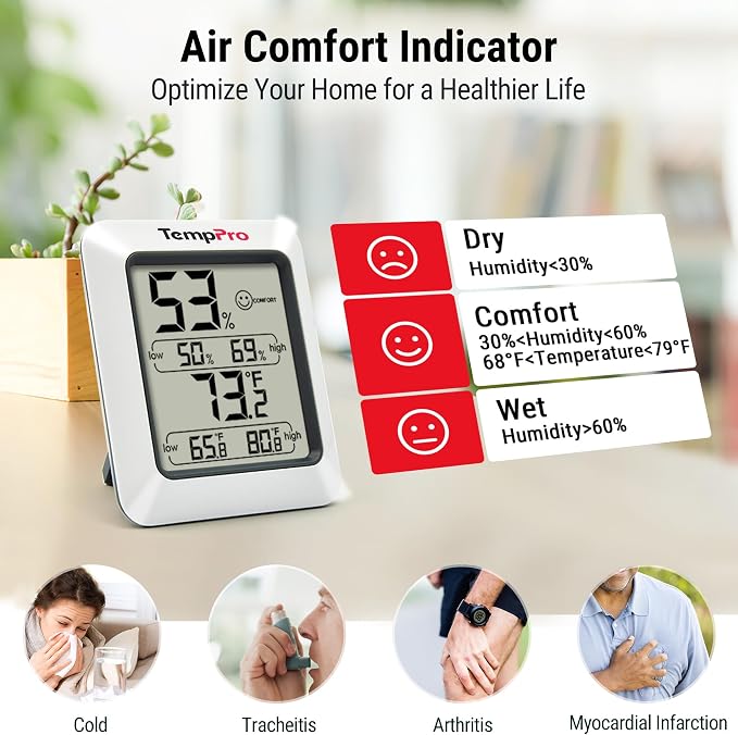 TempPro TP50 Digital Hygrometer Indoor Thermometer Room Thermometer | Humidity Meter Humidity Gauge with Temperature Humidity Monitor for House Office Celler Greenhouse RV (Previously ThermoPro)