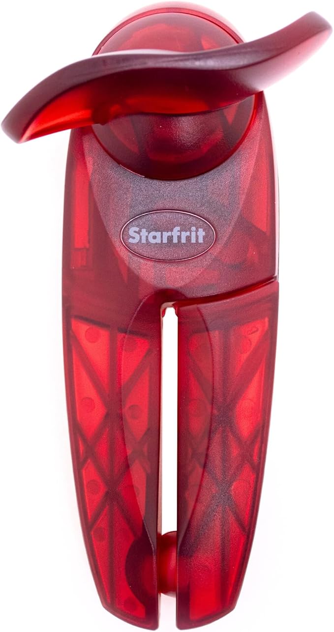 Starfrit Little Beaver Can Opener, Safe, Comfort Grip, Red | Safe can opener. Holds lid. No sharp edges. Comfort grip. 3-year warranty.