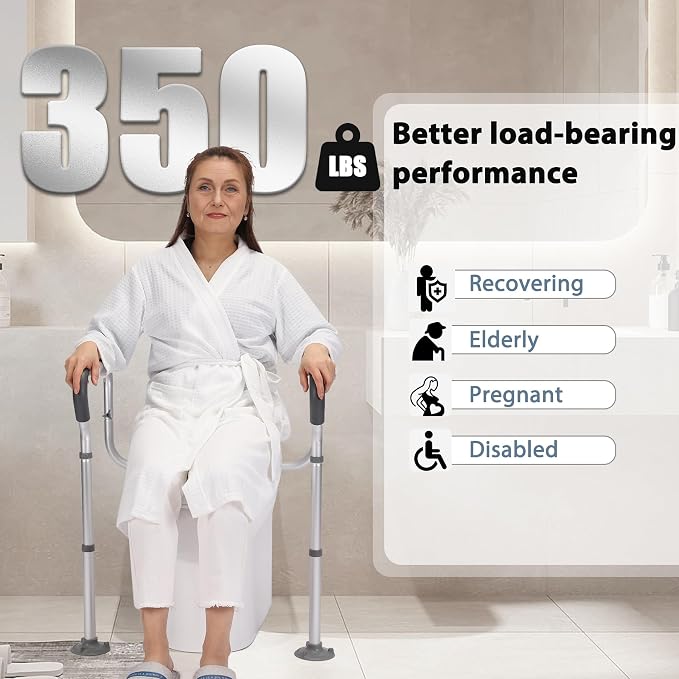Toilet Safety Rail for Seniors, Toilet Grab Bars for Seniors and Disabled, Toilet Handles for Elderly with Adjustable Width and Height, 350 lb Weight Capacity | Fits standard and elongated toilets; non-slip foam grips and tool-free setup using existing...