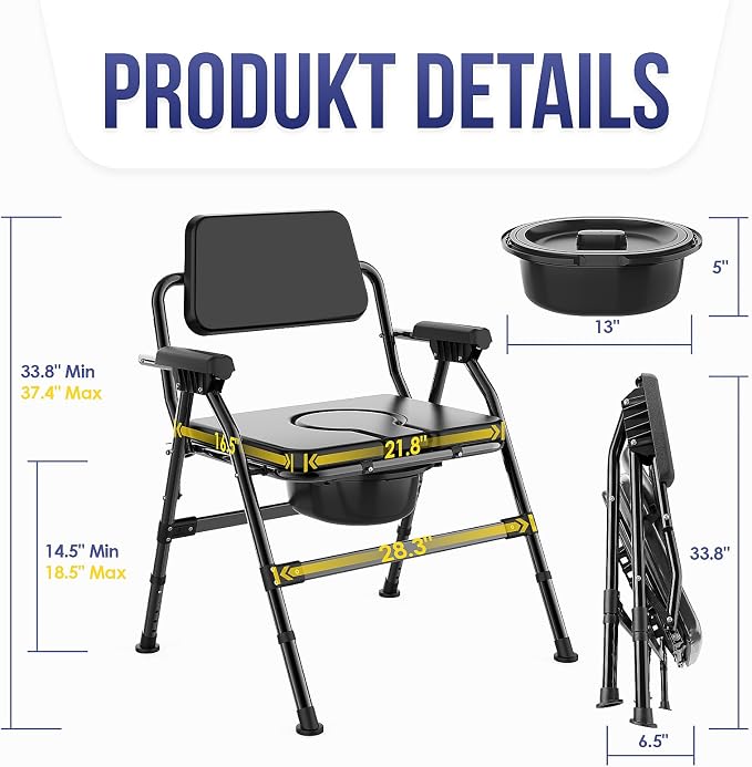 Extra Wide Bariatric Bedside Commode Chair, 600 lb Heavy Duty Portable Toilet for Adults & Seniors, Foldable Commode Chair with Tool-Free Assembly, Enlarged Seat, Bucket & Lid for Elderly Disabled