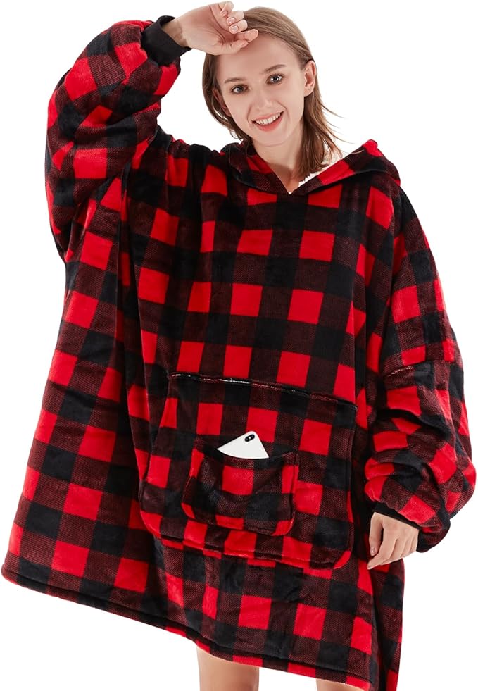 JOYWOO Wearable Blanket Hoodie,Oversized Cat Lovers Sweatshirt Blanket for Adult,Christmas Gifts for Women,Mom,Friend,Cozy Sherpa Hooded Blanket with Giant Pocket and Winter Gifts,Red Checkered