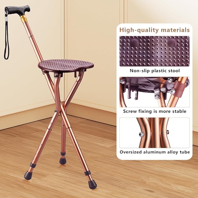 Anti-Slip Walking Cane with Seat Folding Lightweight,Walking Stick Height Adjustment,Portable and Sturdy Cane Chair for Travel Outdoor Use, Queuing, Elderly Women and Men