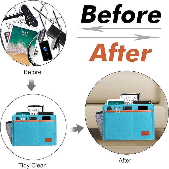 Bedside Caddy, Bed Storage Organizer for Remote Controller, Books, Magzine, Laptop Holder, 12.4'' x 8.6'' inch Bedside Hanging Felt Storage Bag for Dorm Bed with 5 Pockets, Celadon