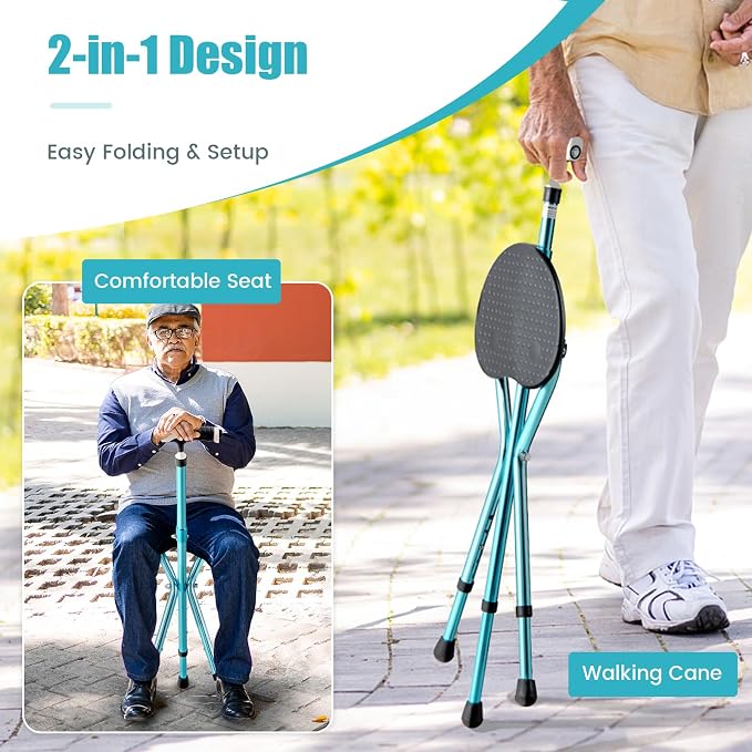 S AFSTAR Walking Cane with Seat, Height Adjustable Cane Chair with LED Light & Retractable 3 Legs, Portable Anti-Slip Seat Cane, Heavy Duty Walking Stick Chair for Seniors Elderly
