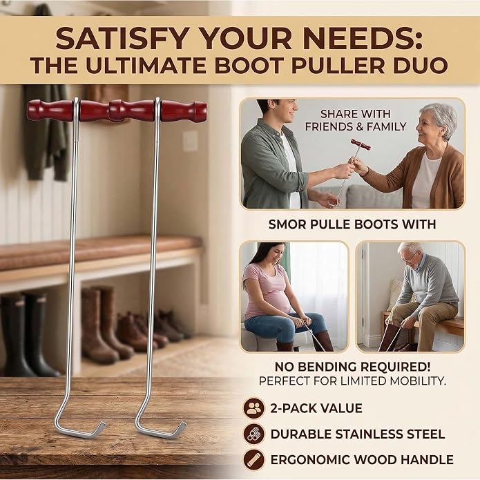 SiliFine 2 Pcs Cowboy Boot Hooks Long Shoes Pulls Stainless Steel Boot Puller with Long Handles for Men Women