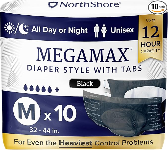 NorthShore MegaMax 12-Hour HBL Adult Diapers for Heavy Bladder Leaks, Medium, 10 Count, Black, 32-44 inches, Tab-Style Incontinence Underwear for Men, Women & Teens