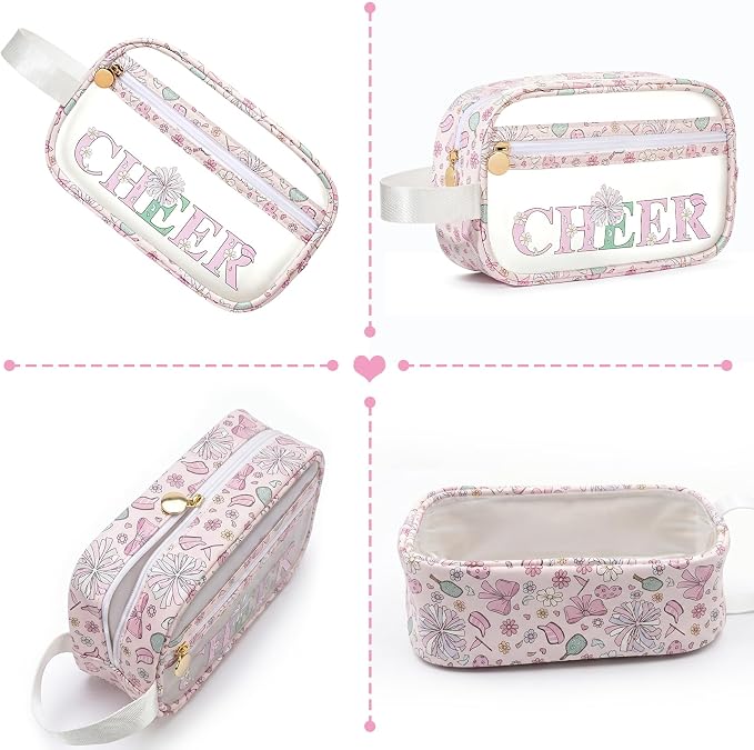 COSHAYSOO Clear CHEER Makeup Bag Cheerleader Team Gifts Cheerleading Hair Skincare Cosmetic Accessories Organizer for College Women Teen Girls, Small Waterproof Travel Pouch for Purses Backpack Tote