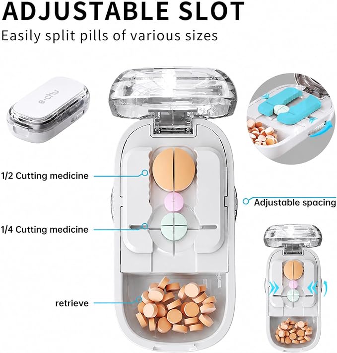 Pill Cutter Splitter for Small and Tiny Pills - Adjustable Pill Splitter with Centering Device for Cutting Multiple Pills, Accurate Alignment and Easy to Use, Storage Organizer (Gray)