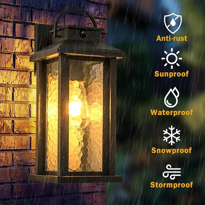 2-Pack 15.5" Motion Sensor Outdoor Lights Dusk to Dawn Porch Light | 3 Lighting Modes, E26 Socket, Water Glass, Hardwired, Matte Black Exterior Lighting Fixtures for Porch Front Door