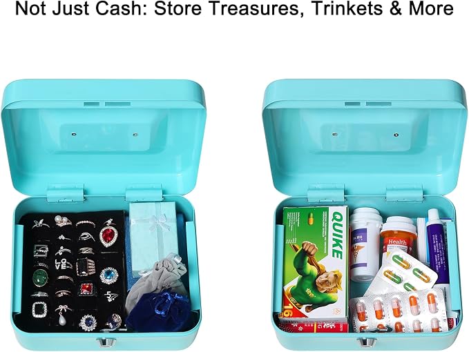 Jssmst Cash Box with Key Lock - Durable Metal Cash Box with Money Tray, Light Blue, Medium
