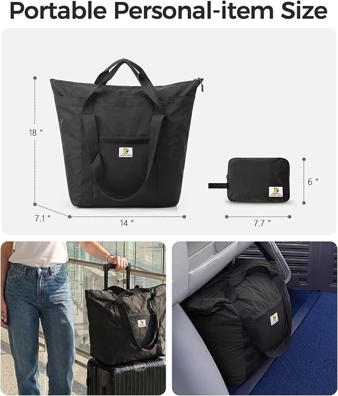 Foldable Travel Bag, 26L Duffle Bag for Travel, Expandable Second Carry-On Bag for Travel & Shopping, Water-Resistant Personal Item Bag, Black