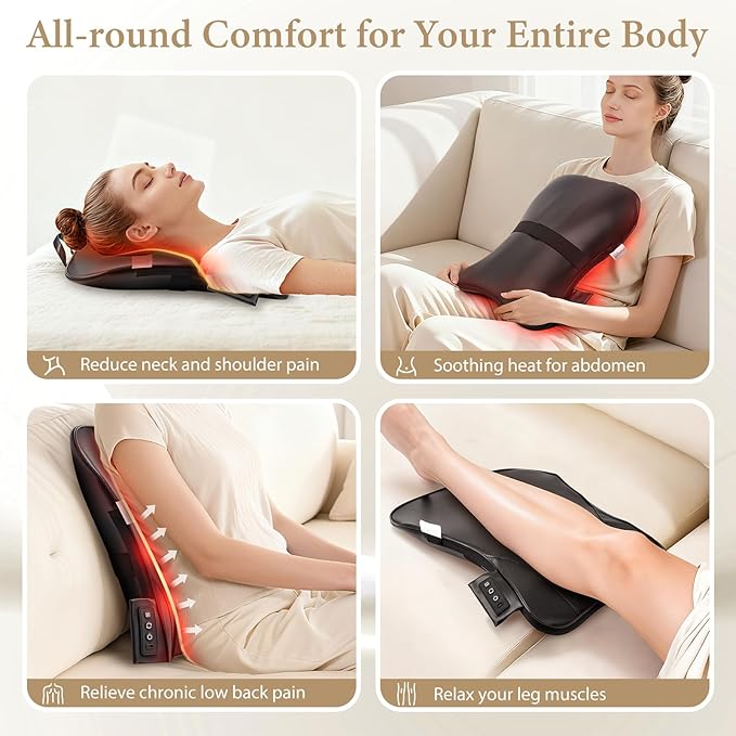 Wireless Shiatsu Neck and Back Massager with Heat,3D Kneading Up & Down Rolling for Neck, Back,Shoulder Pain Relief,Portable Deep Tissue Massage Pillow for Home,Office,Car Use,Ideal Gift for Mom&Dad