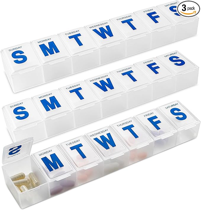 Weekly Pill Organizer - 7-Day Pill Planner Extra Large Pill Planner and Daily Pill Organizer and Medicine Reminder, Monday to Sunday Compartments - BPA Free - Travel Pill Box Case (Pack of 3)