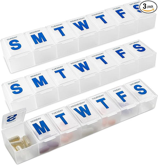 Weekly Pill Organizer - 7-Day Pill Planner Extra Large Pill Planner and Daily Pill Organizer and Medicine Reminder, Monday to Sunday Compartments - BPA Free - Travel Pill Box Case (Pack of 3)