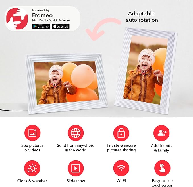 Frameo White 10.1 Inch Smart WiFi Digital Photo Frame,Digital Picture Frame Wi-Fi with 32GB Storage & SD Slot, Electronic Picture Frame IPS Touch Screen with Auto-Rotate, Gifts for Mom, House Warming