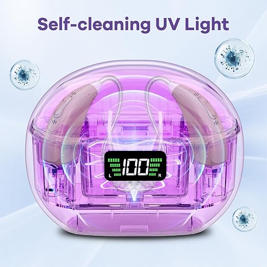 Hearing Aids with UV Cleaning Light, Rechargeable OTC Hearing Aids for Seniors and Adults, Noise Reduction, Battery Level Display, Premium Speech Clarity - Beige